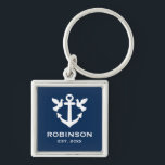 Nautical anchor wedding gift premium square keychain<br><div class="desc">Nautical anchor wedding gift premium square keychain. Navy blue and white anchor design with heart and doves. Add your own family name and established year date. Elegant typography template key chain for newly weds,  couple,  bride and groom,  friends,  guests,  sailor,  skipper etc.</div>