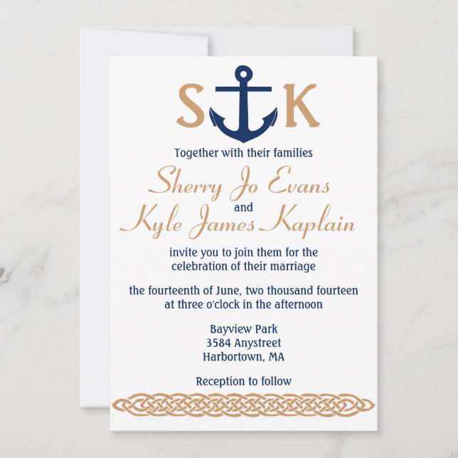 Nautical Anchor Wedding Invitation Navy and Tan (Front)