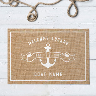 Nautical Anchor Welcome Aboard Burlap and White Doormat