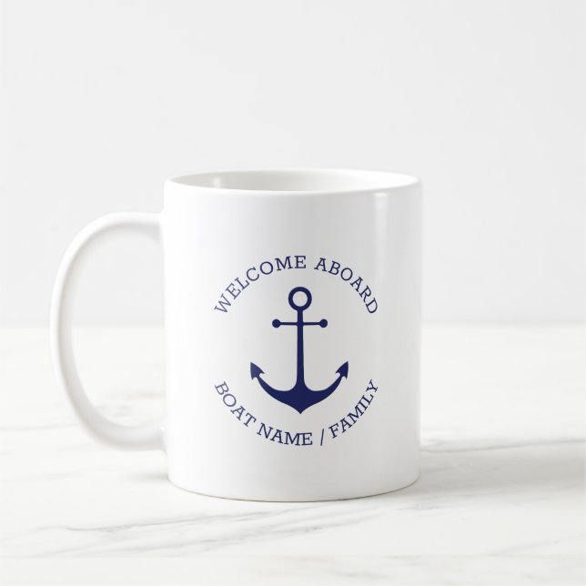 Nautical Anchor Welcome Aboard Custom Boat Name  Coffee Mug (Left)