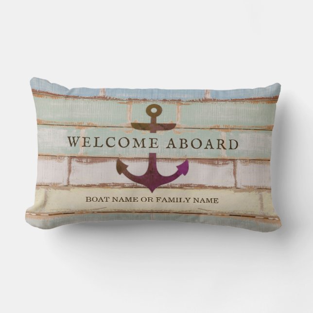 Nautical Anchor WELCOME ABOARD Rustic Boat Name Lumbar Pillow (Front)