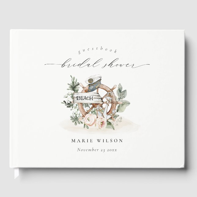 Nautical Anchor Wheel Leafy Floral Bridal Shower Guest Book (Front)