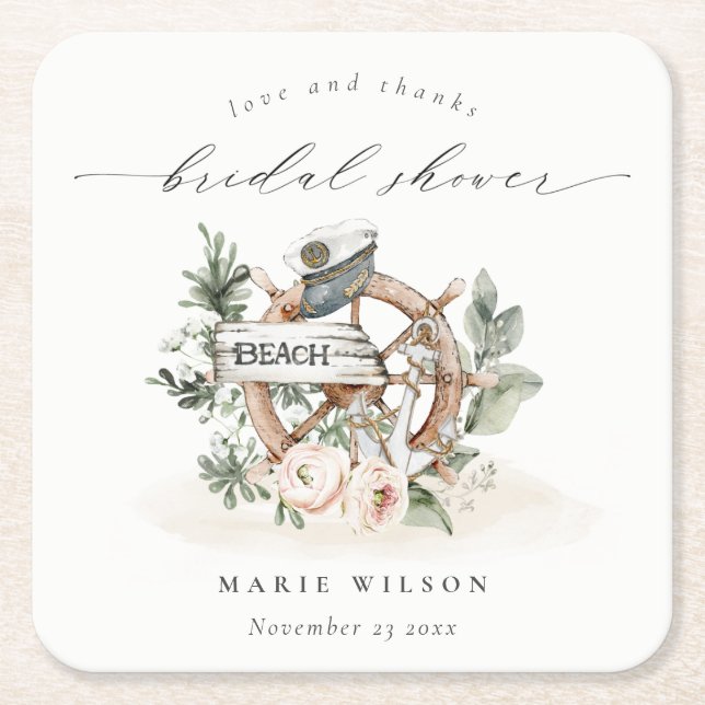Nautical Anchor Wheel Leafy Floral Bridal Shower Square Paper Coaster (Front)
