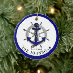 Nautical Anchor Wheel Navy Blue Metal Ornament<br><div class="desc">Anchor rope and wheel in navy blue and gold.  Customize with your name and date established.</div>