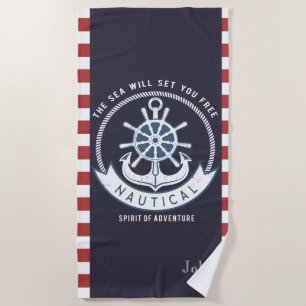 Nautical Anchor,Wheel, Navy Blue,Red Stripes Beach Towel