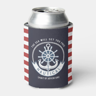 Nautical Anchor,Wheel, Navy Blue,Red Stripes Can Cooler