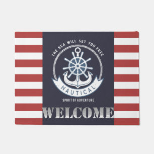 Nautical Anchor,Wheel, Navy Blue,Red Stripes Doormat