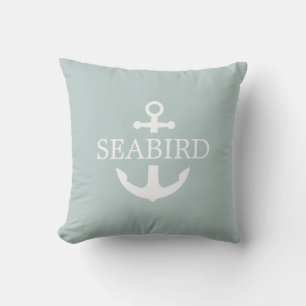 Nautical Anchor White & Sage. Custom Boat Name. Outdoor Pillow