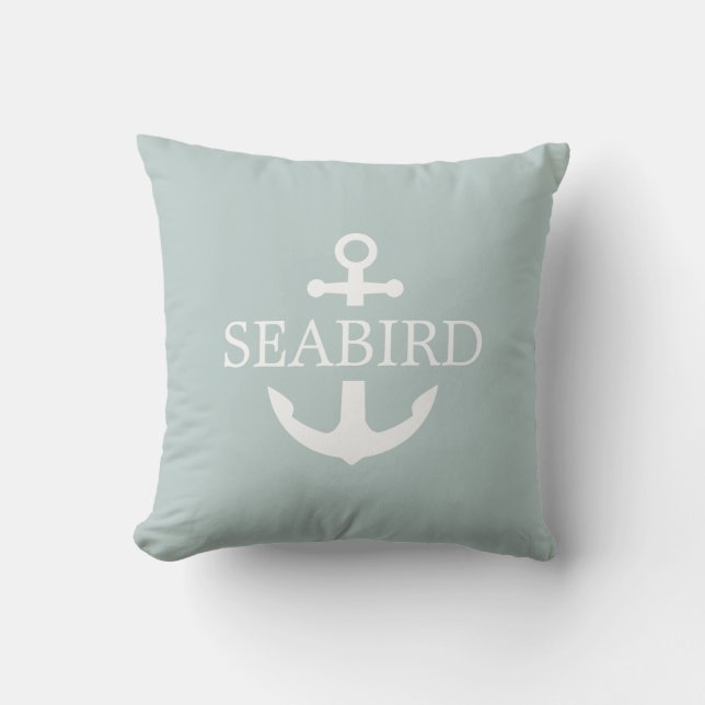 Nautical Anchor White & Sage. Custom Boat Name. Outdoor Pillow (Front)