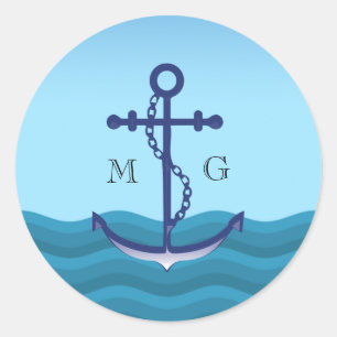 Nautical Anchor with Double Monogram Classic Round Sticker