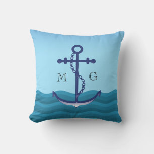 Nautical Anchor with Double Monogram Throw Pillow