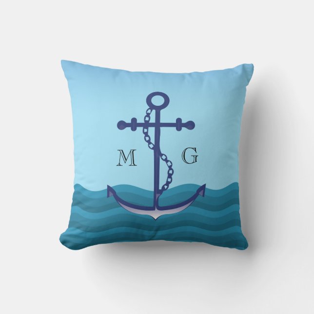 Nautical Anchor with Double Monogram Throw Pillow (Front)