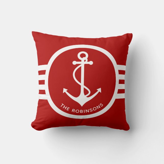 Nautical Anchor with Family Name Red and White Throw Pillow (Front)