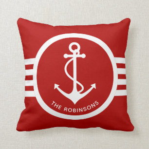 Nautical Anchor with Family Name Red and White Throw Pillow