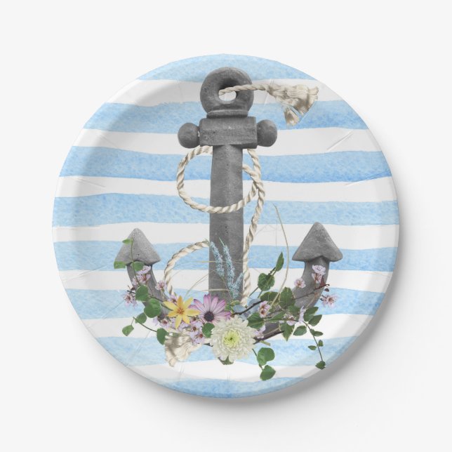 nautical anchor with flower bouquet paper plate (Front)