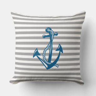 Nautical Anchor with grey stripes Throw Pillow