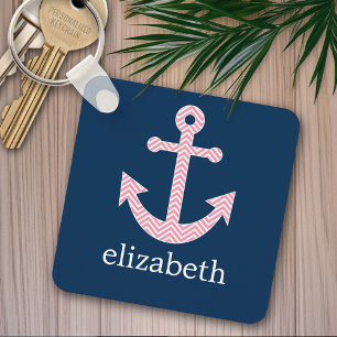Nautical Anchor with Navy Pink Chevron Pattern Keychain