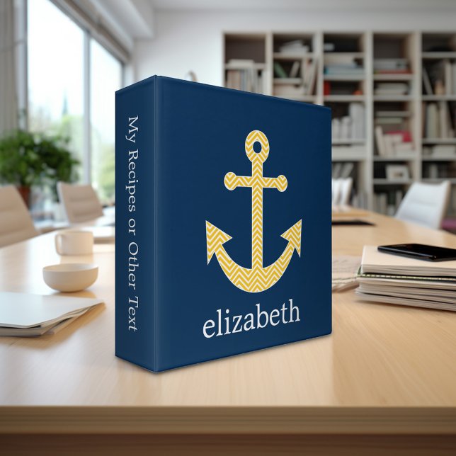 Nautical Anchor with Navy Yellow Chevron Pattern Binder (Personalized 3-ring Binder with custom text)