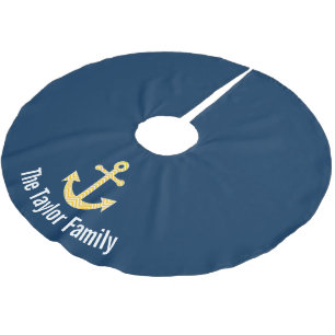 Nautical Anchor with Navy Yellow Chevron Pattern Brushed Polyester Tree Skirt