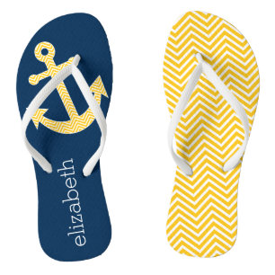 Nautical Anchor with Navy Yellow Chevron Pattern Flip Flops