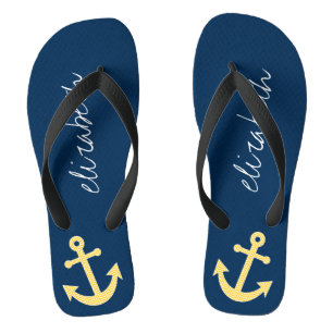 Nautical Anchor with Navy Yellow Chevron Pattern Flip Flops