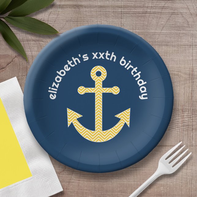 Nautical Anchor with Navy Yellow Chevron Pattern Paper Plate (Personalized birthday party plate with area for name)