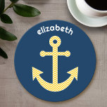 Nautical Anchor with Navy Yellow Chevron Pattern Round Paper Coaster<br><div class="desc">Trendy and Preppy Patterns - A classic and elegant design with chevrons and an area to add your name or monogram.</div>
