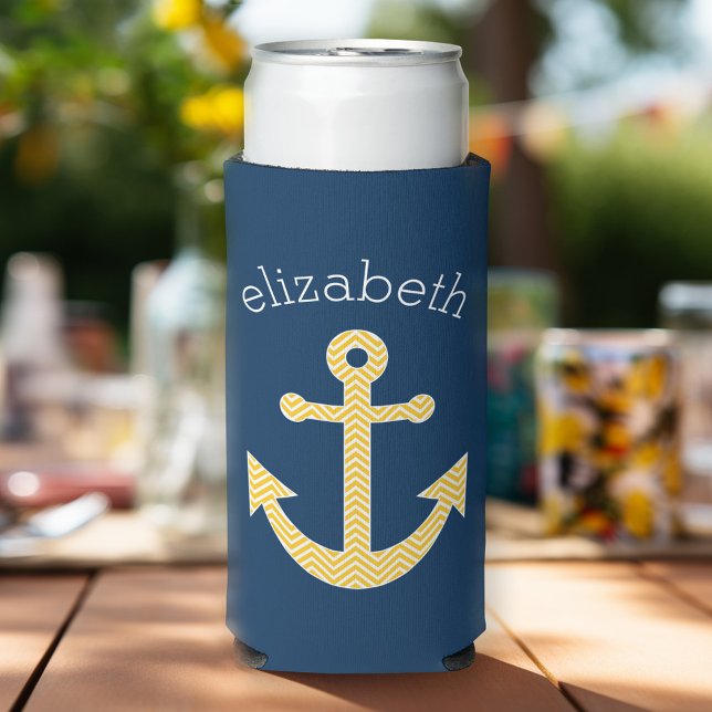 Nautical Anchor with Navy Yellow Chevron Pattern Seltzer Can Cooler (Personalized can coolers - add your photos and text)
