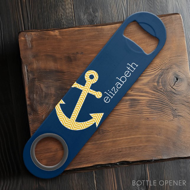 Nautical Anchor with Navy Yellow Chevron Pattern Speed Bottle Opener (Custom Bar Key)