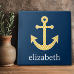 Nautical Anchor with Navy Yellow Chevron Pattern Tile<br><div class="desc">Trendy and Preppy Patterns - A classic and elegant design with chevrons and an area to add your name or monogram.</div>