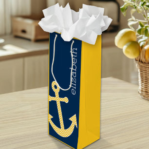 Nautical Anchor with Navy Yellow Chevron Pattern Wine Gift Bag