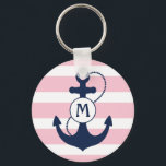 Nautical Anchor with Pink Stripes and Monogram Keychain<br><div class="desc">Rose pink nautical stripes with navy blue anchor and monogram.</div>