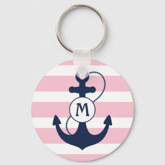 Nautical Anchor with Pink Stripes and Monogram Keychain