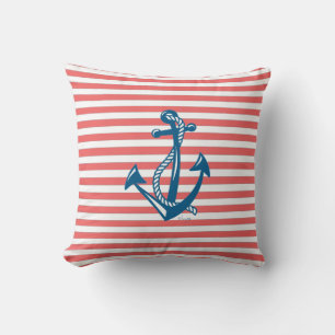 Nautical Anchor with red stripes Throw Pillow