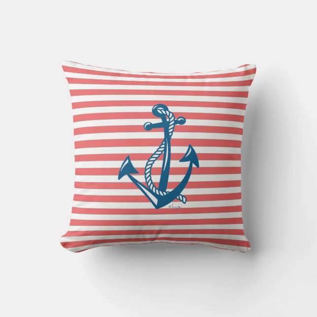 Nautical Anchor with red stripes Throw Pillow (Front)