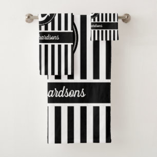 Nautical Anchor with Rope Black and White Stripes Bath Towel Set
