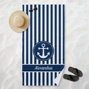Nautical Anchor with Rope Navy Blue Stripes Beach Towel