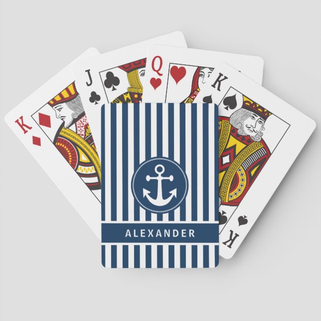 Nautical Anchor with Rope Navy Blue Stripes Playing Cards (Back)