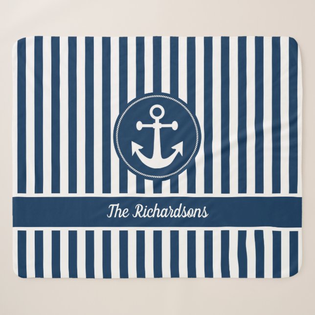 Nautical Anchor with Rope Navy Blue Stripes Sherpa Blanket (Front (Horizontal))