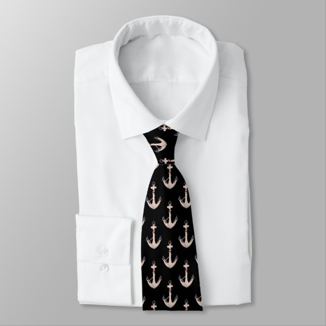 Nautical Anchor with Rope on Black Tie (Tied)