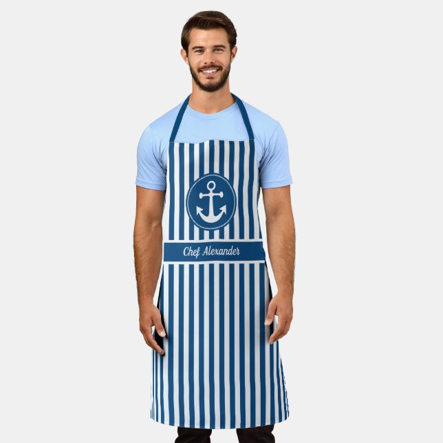 Nautical Anchor with Rope on Blue Stripes Apron (Worn)