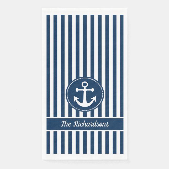Nautical Anchor with Rope on Navy Blue Stripes Napkin (Front)