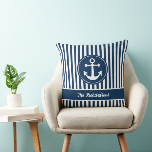Nautical Anchor with Rope on Navy Blue Stripes Throw Pillow