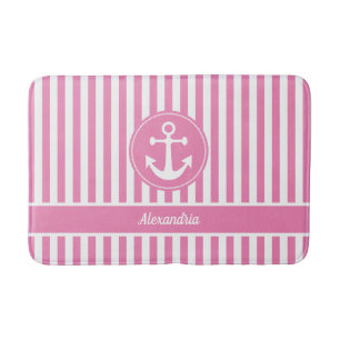 Nautical Anchor with Rope Pink and White Stripes Bath Mat