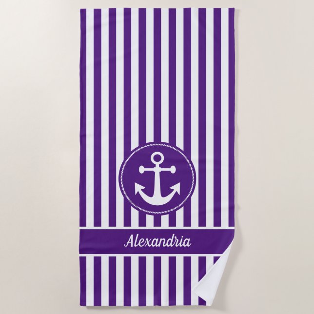 Nautical Anchor with Rope Purple and White Stripes Beach Towel (Front)