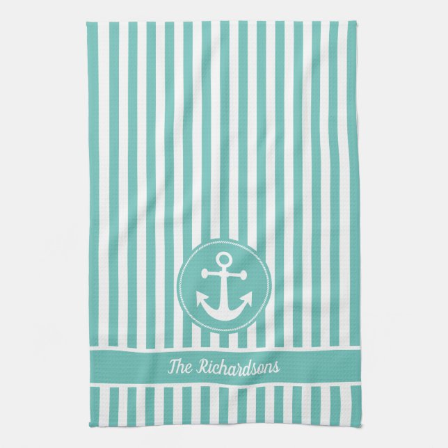 Nautical Anchor with Rope Teal and White Stripes Kitchen Towel (Vertical)