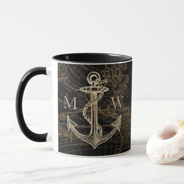 Nautical Anchor World Map Monogrammed Black Mug (With Donut)