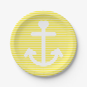 Nautical Anchor Yellow And White Stripes Party Paper Plate