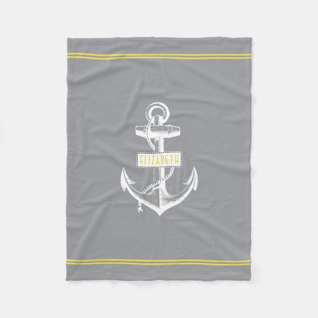 Nautical anchor yellow lines ultimate grey fleece blanket (Front)