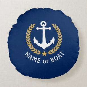 Nautical Anchor Your Boat Name Gold Laurel Navy Round Pillow